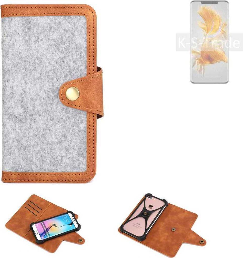 K-S-Trade Handyhülle kompatibel mit Huawei Mate 50 Pro Schutzhülle Filz-Hülle Kunst-Leder hellgrau braun (1x)