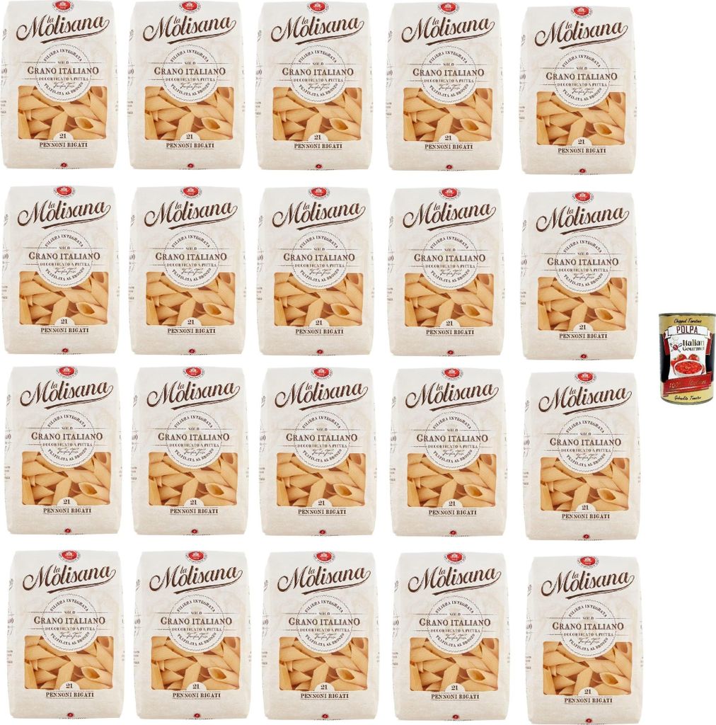 20x La Molisana Pennoni Rigati N. 21 Pasta Lenta Lavorazione Teigwaren aus Hartweizengrieß Bronze-Zeichnung 500g + Italian Gourmet Polpa 400g