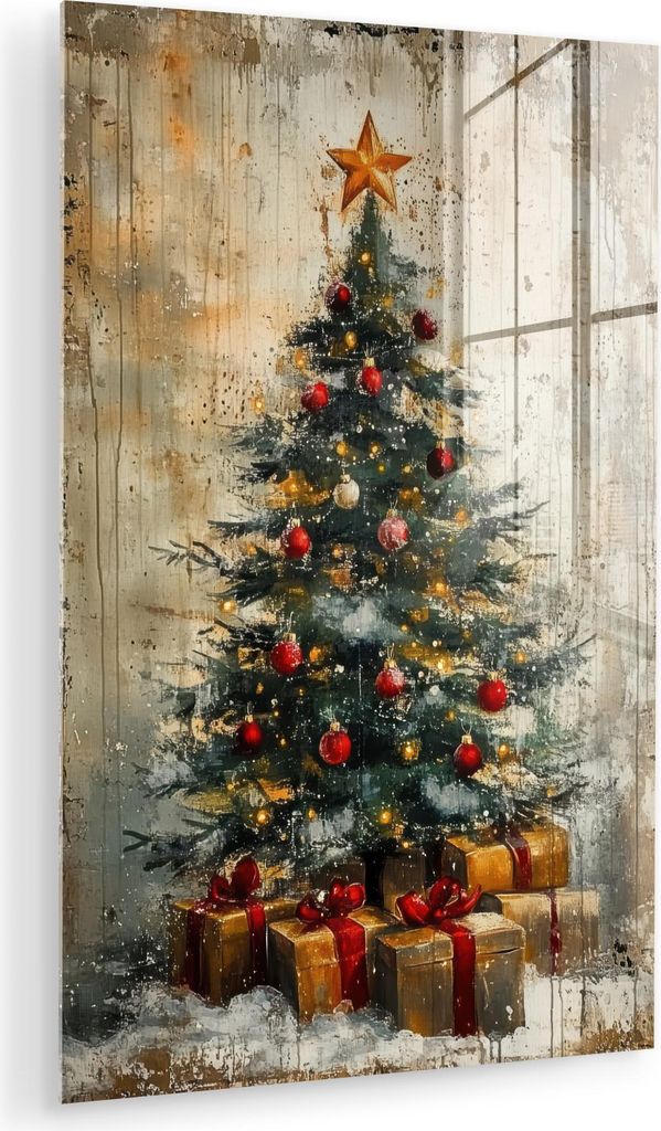 MuchoWow Glasbilder - Bilder auf Wandbild - Foto auf Glas Weihnachtsbaum - Vintage - Weihnachten - Geschenk 20x30 cm Wanddekoration aus Glas - Acry...