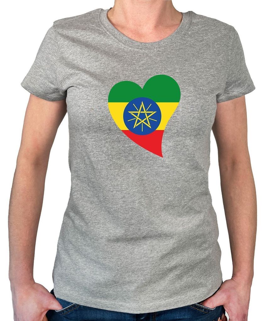 Huuraa Damen T-Shirt Äthiopien Flagge Herz XL Sport Grey Bio Baumwolle Fairtrade Damenshirt Geschenkidee