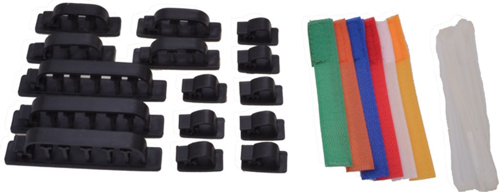 Kabel Management Set 33 teilig aus Klett-Kabelbinder, Kabelbinder und Kabelführungssockel