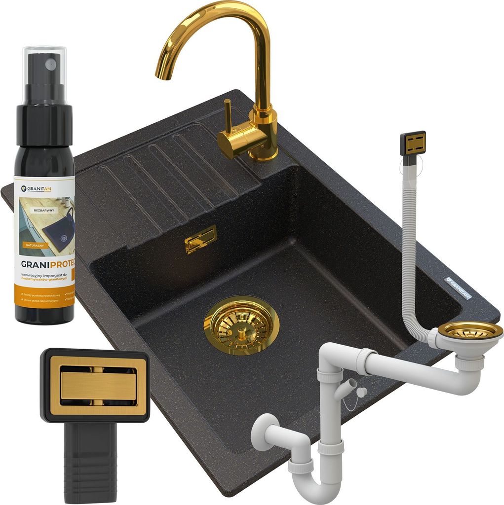 Granitan | Spülbecken Granit - Schwarz - 62x44x17,5 cm - ARGOS + Siphon Gold + Küchenarmatur BETA + Impregnat