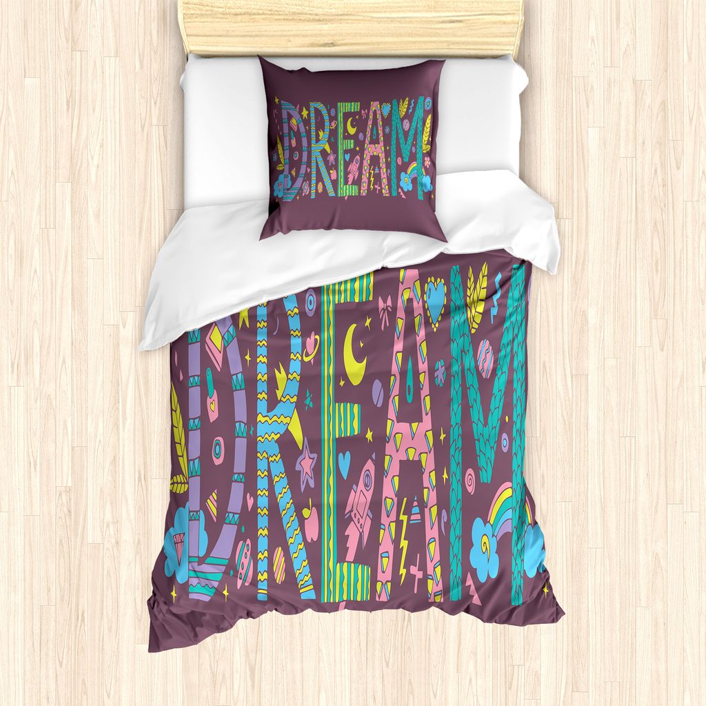 ABAKUHAUS Sprichwort Bettbezug Set für Einzelbetten, Doodle Art Traum Wort, Milbensicher Allergiker geeignet mit Kissenbezug, 135 cm x 200 cm - 80...