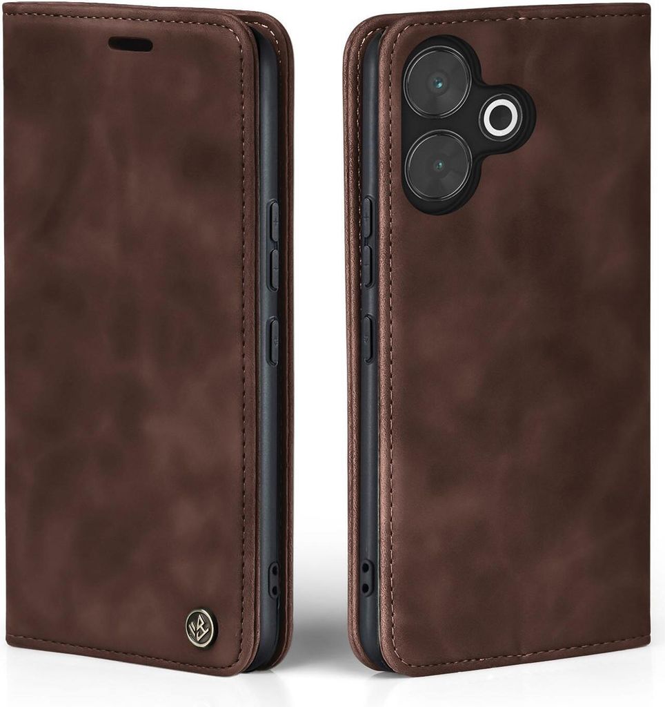 Two views of a brown leather flip phone case for a Sony Xperia 5 V.