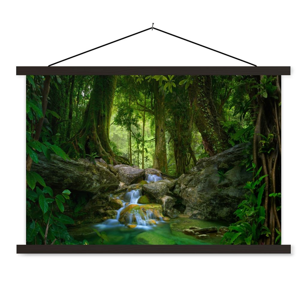 MuchoWow Textilposter Dschungel - Steine - Wasser - Natur - Pflanzen 150x100 cm mit schwarzem Rahmen - Schlafzimmer
