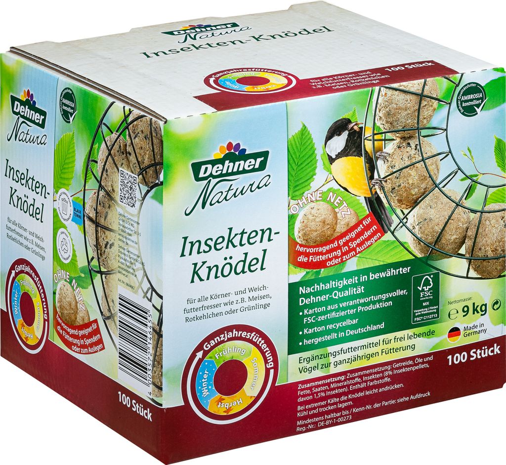 Dehner Natura Wildvogelfutter, Meisenknödel, Insekten-Knödel, ohne Netz, 100 Stück je 90 Gramm (9 kg)