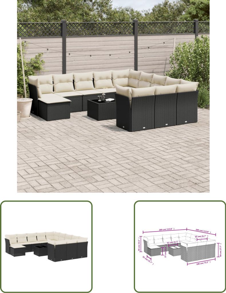 The Living Store 13-tlg. Garten-Sofagarnitur mit Kissen Schwarz Poly Rattan