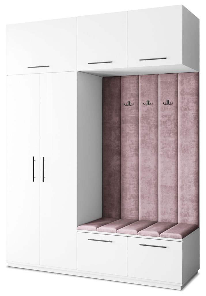 Masseno Garderobe-Set REMA 180/240/60 cm Modern Garderobenschrank Weiß, Veloursstoff MONOLITH 62 (Lila)