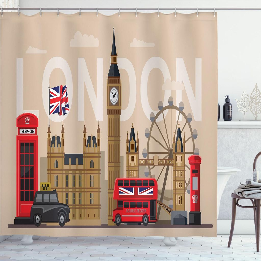 ABAKUHAUS London Duschvorhang, Berühmte Großbritannien-Grenzstein-Monument-Sammlung touristisches Reiseziel, 175 x 240 cm, Mehrfarbig