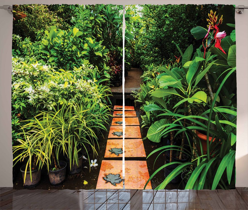 ABAKUHAUS Zen Garten Rustikaler Gardine, Tropical Wachstum, Schlafzimmer Kräuselband Vorhang mit Schlaufen und Haken, 280 x 245 cm, Grün Hellbraun