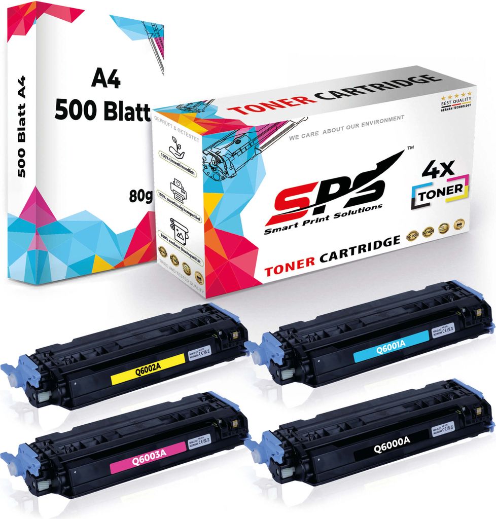 Druckerpapier A4 + 4x Multipack Set Kompatibel für HP Color LaserJet 1600 (124A/Q6001A, Q6003A, Q6002A, Q6000A) Toner