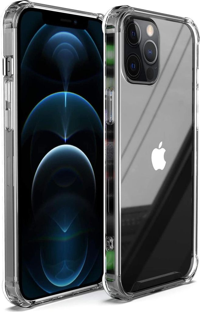 A clear protective case for an Apple iPhone 12 Pro Max is shown, with the phone inside the case.