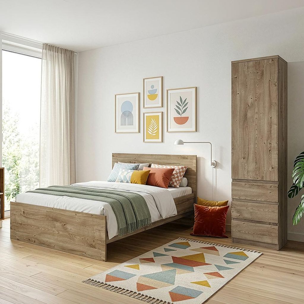 Jugendzimmer-Set mit Bett 120x200 cm & Schrank in Eiche, modern, 2-teilig - FORTALEZA-129