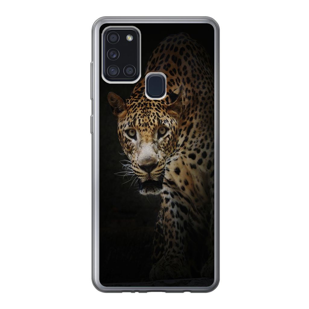 MuchoWow Handyhülle Schutzhülle Hülle für Samsung Galaxy A21s Leopard - Wilde Tiere - Licht Silikon Softcase Handy Hülle - Hartschale