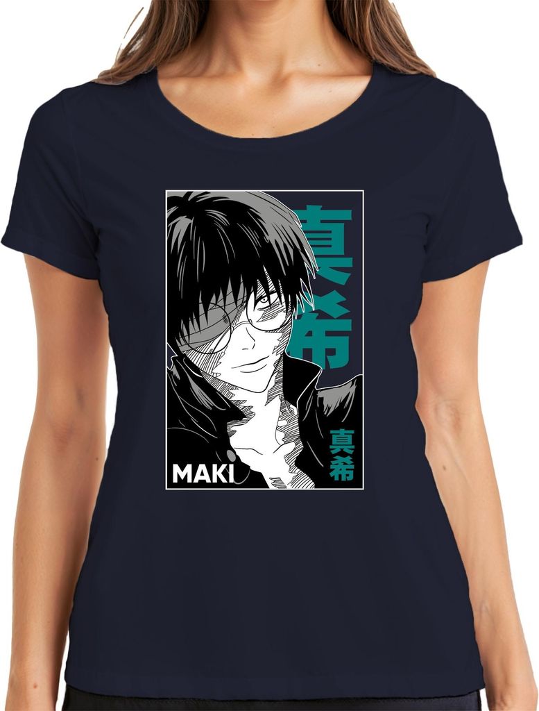Anime Manga MAKI Brille schwarz weiß Cool Geschenk Otaku Retro Damen T-Shirt, Navy, XXL