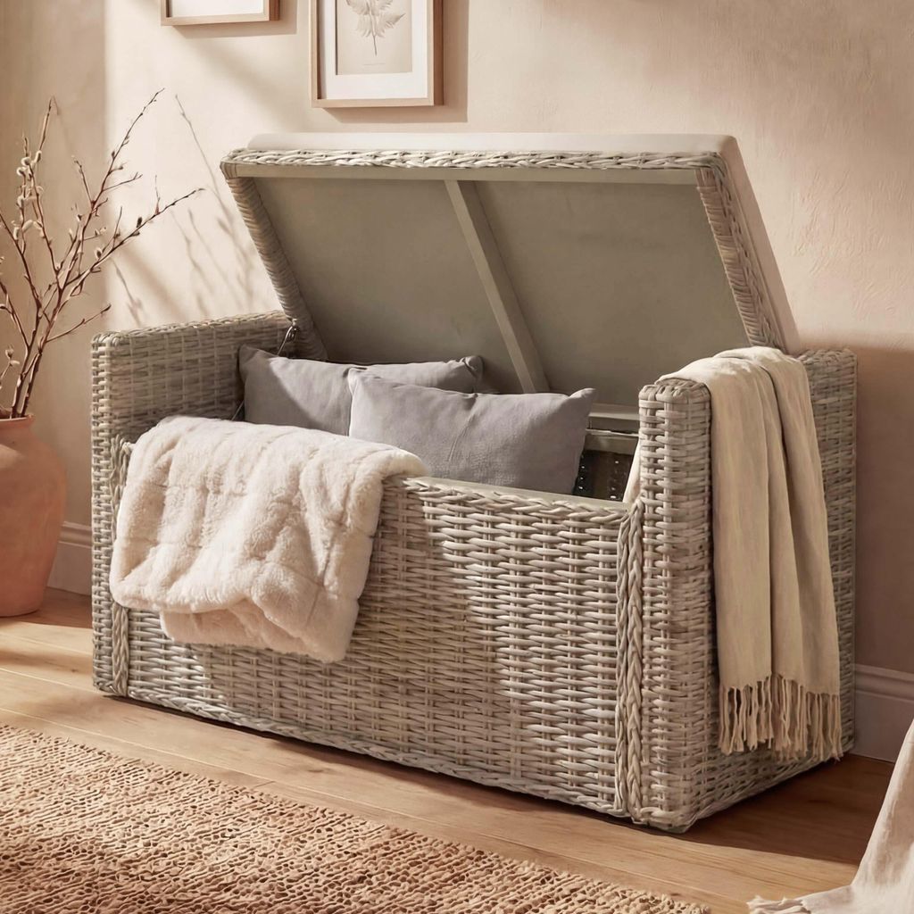 Aufbewahrungstruhe Genua, Truhe Sitzbank Garderobenbank, Kissen Kubu Rattan 88cm kubu grau