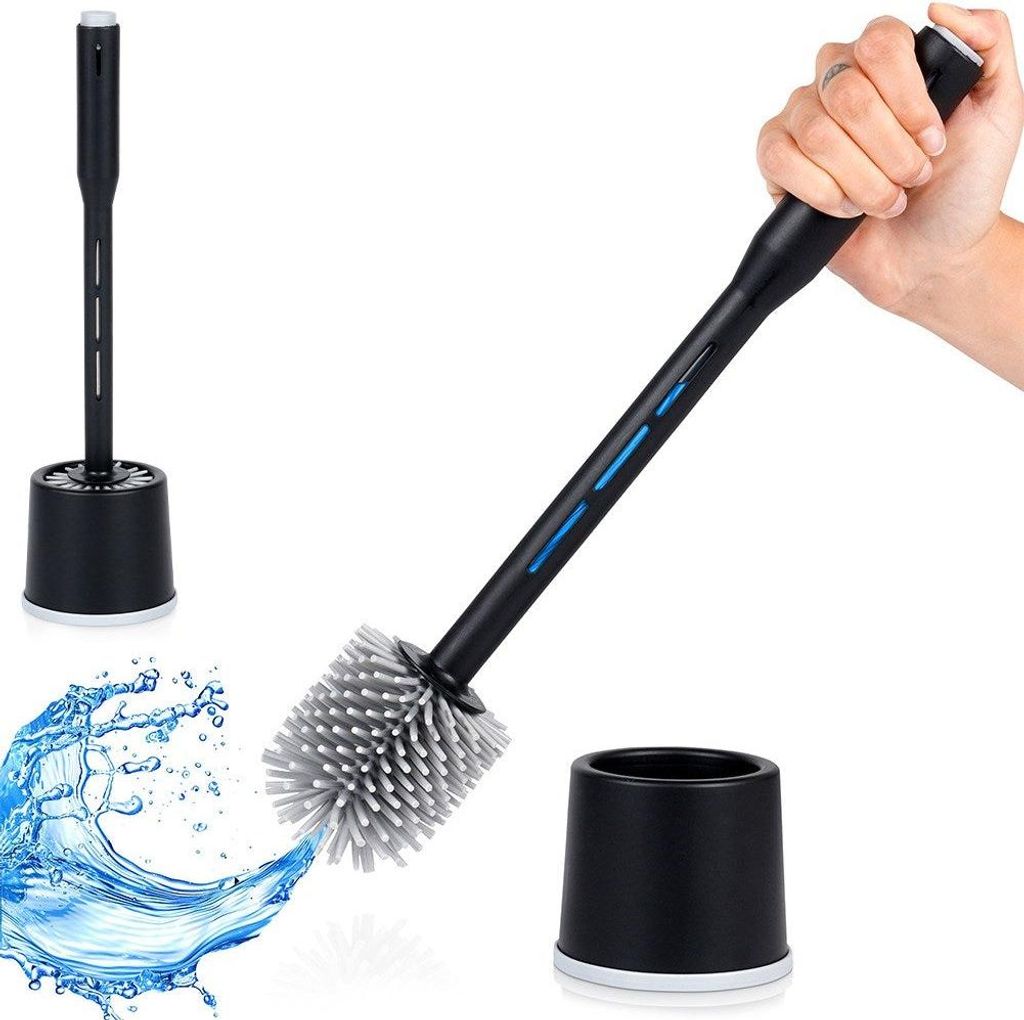 Silikon-Toilettenbürste mit Ständer und Flüssigkeitsspender schwarz 40 cm