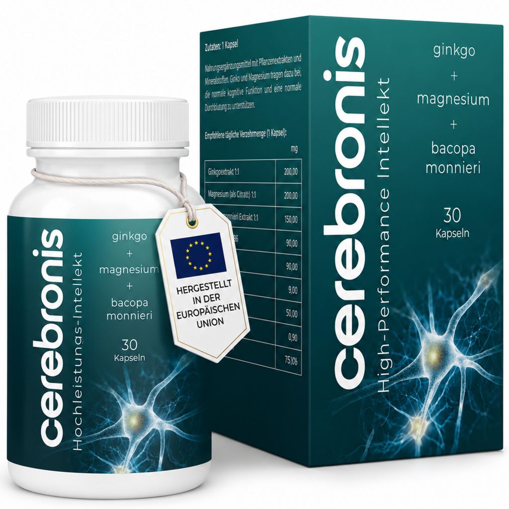 Cerebronis Gehirn Kapseln – Ginkgo, Bacopa monnieri, Produktbild 