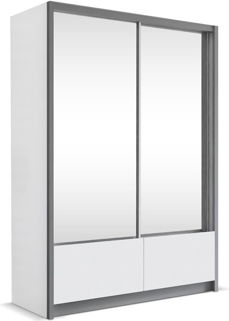 Bettso Kleiderschrank mit Spiegel Schwebetürenschrank 2 türig Schrank und Kleiderstange Gaderobe Schiebtüren Schlafzimmer VOX 150 Weiß Weiß