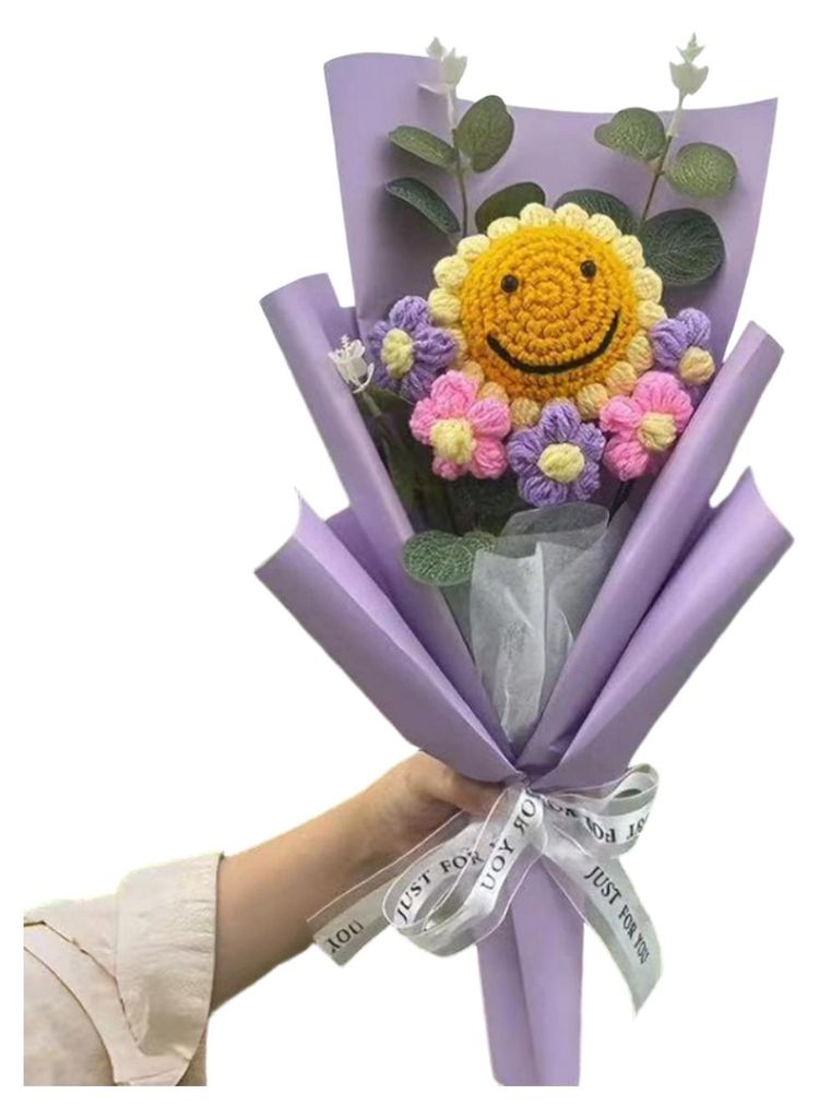 Handgehäkelter Blumenstrauß, gestrickt, mit Sonnenblumen aus Kunstgarn – ein tolles Geschenk zum Muttertag, Valentinstag oder Jahrestag.