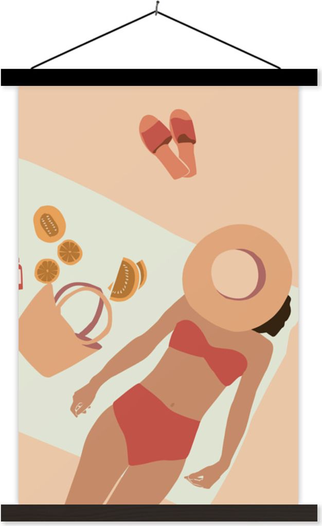 MuchoWow Textilposter Frauen - Hut - Pantoffeln - Strand 120x180 cm mit schwarzem Rahmen - Fotos