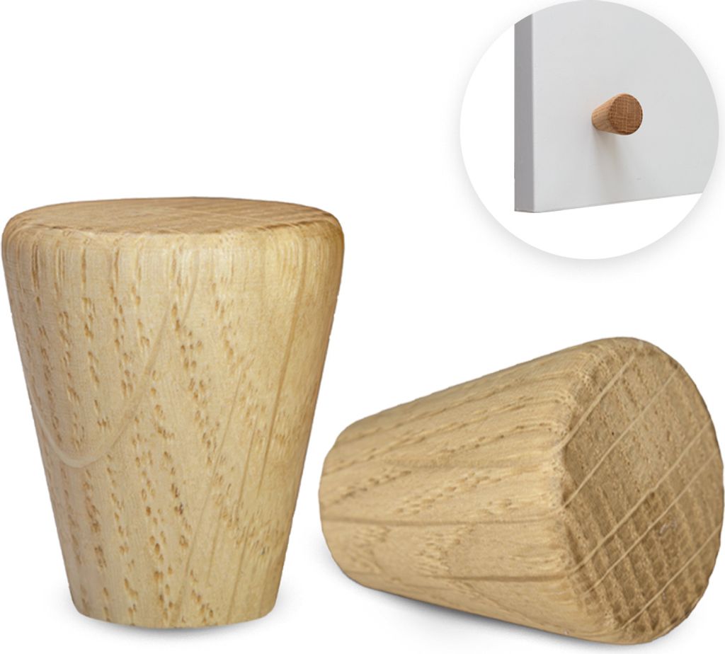 Two wooden furniture knobs are shown against a white background. One knob is standing upright, and the other is lying on its side. A small inset image shows a close-up of a similar knob attached to a white drawer.