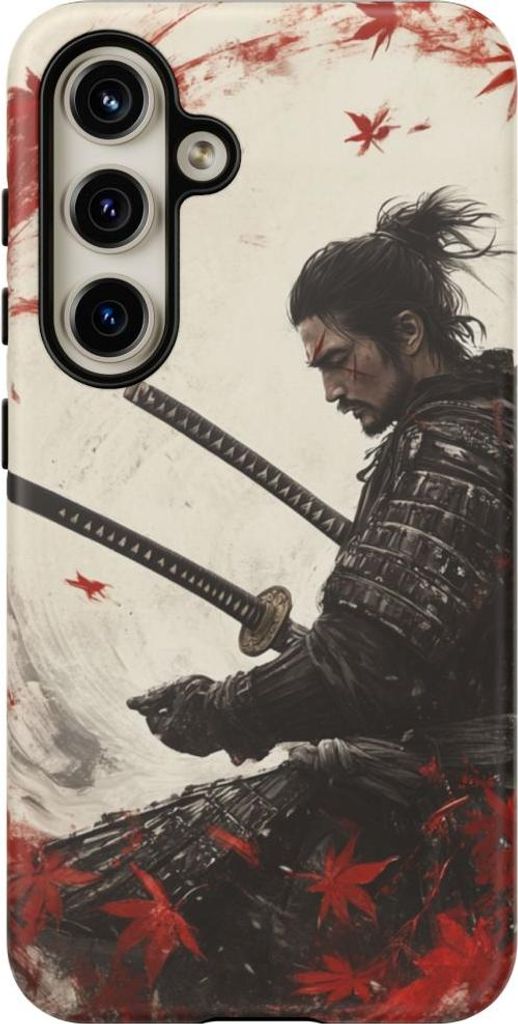 Samurai mit zwei Katanas und roten Ahornblättern – Hülle Kompatibel mit Galaxy S24