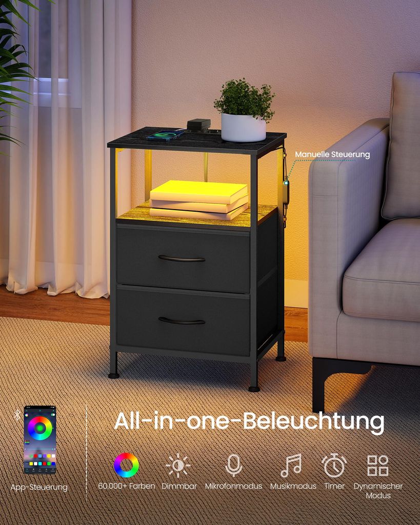A nightstand with integrated LED lighting and a charging station, placed next to a sofa in a dimly lit room.