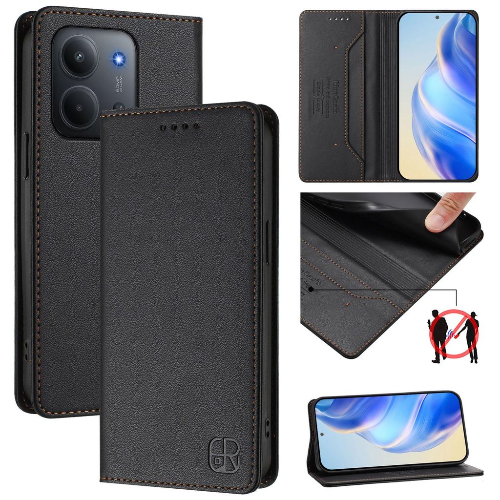 Lederhülle für Xiaomi Redmi 15C 5G/4G Hülle Flip Brieftasche Kartenfächern Ständer Schutzhülle Schwarz