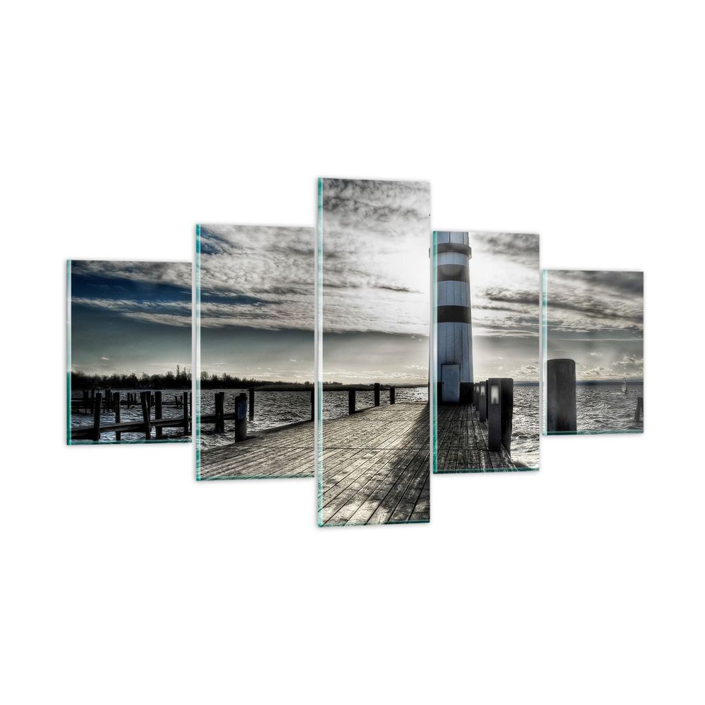 Bilder auf glas - See Leuchtturm Holzbrücke Wasser - 125x70cm - Glasbilder - Wandbilder - Kunstdruck - zum Aufhängen bereit - Wanddekoration aus ...