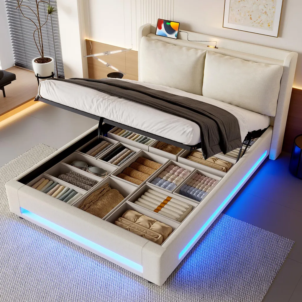 Lit 140x200 LED et Port USB-C Velours Beige avec Coffre de Rangement Maxi