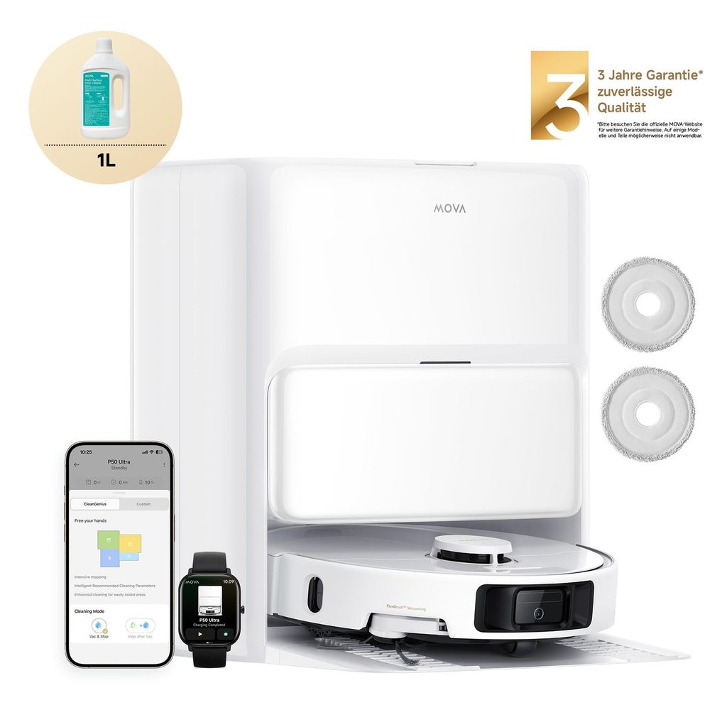 A white robot vacuum cleaner with its docking station, a bottle of cleaning fluid, a smartphone, and a smartwatch are displayed against a white background.