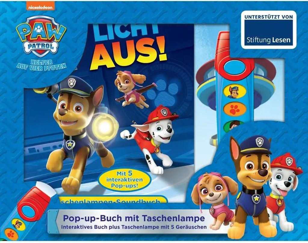 A colorful illustration of Paw Patrol characters with a pop-up book and flashlight.