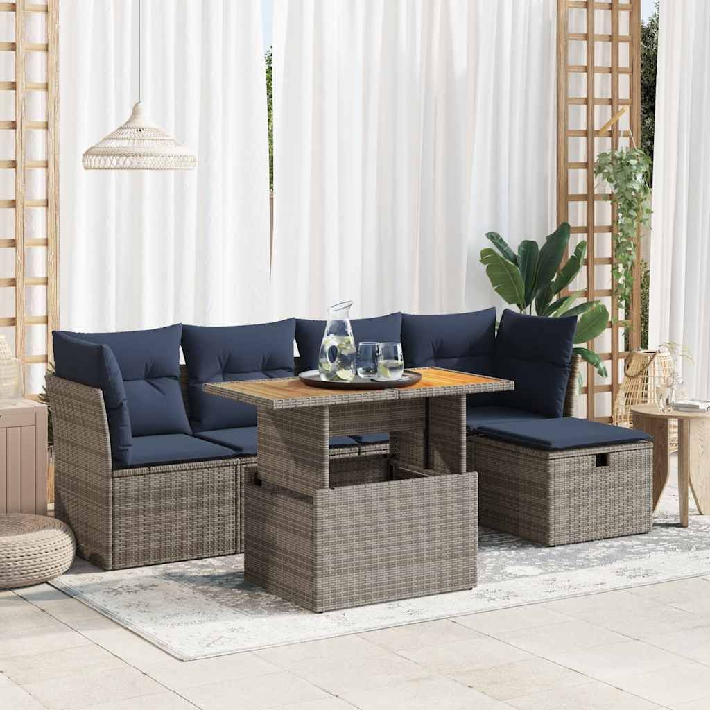 "Rabatt" 6-tlg. Garten-Sofagarnitur - mit sofa - mit Kissen Grau Poly Rattan Akazie - Lounge-Dining set CC12202