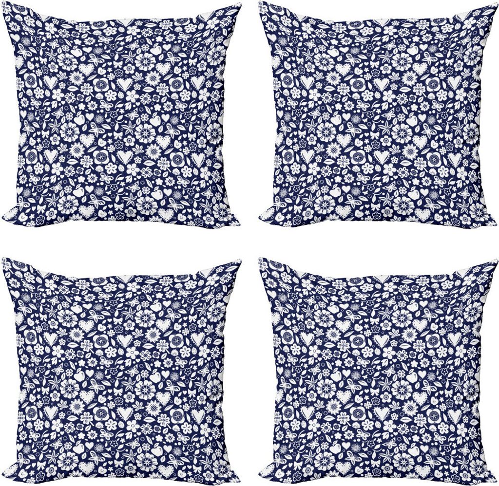 ABAKUHAUS Navy blau Kissenbezug Set (4 Stück), Herz Schmetterlinge Leafs, Moderner Doppelseitiger Digitaldruck, 40 cm x 40 cm, Marine-Blau und Weiß