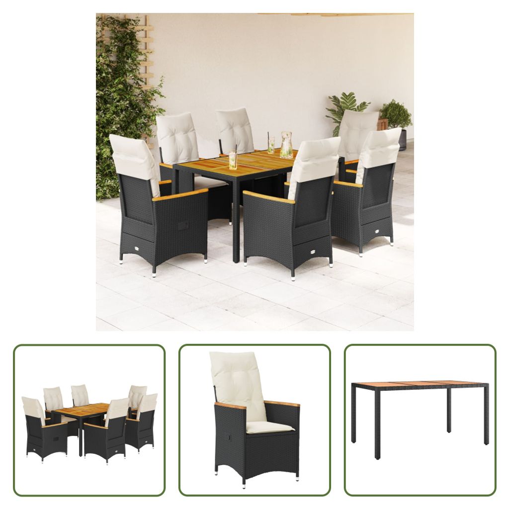The Living Store 7-tlg. Garten-Essgruppe mit Kissen Schwarz Poly Rattan