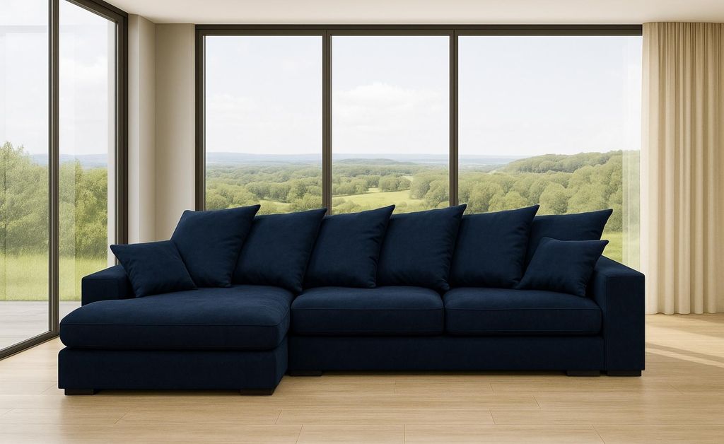 Kaiser Möbel Ecksofa mit schlaffunktion und bettkasten, Sofa L-form, Couch L-form Gabon Blau Ottomane Links