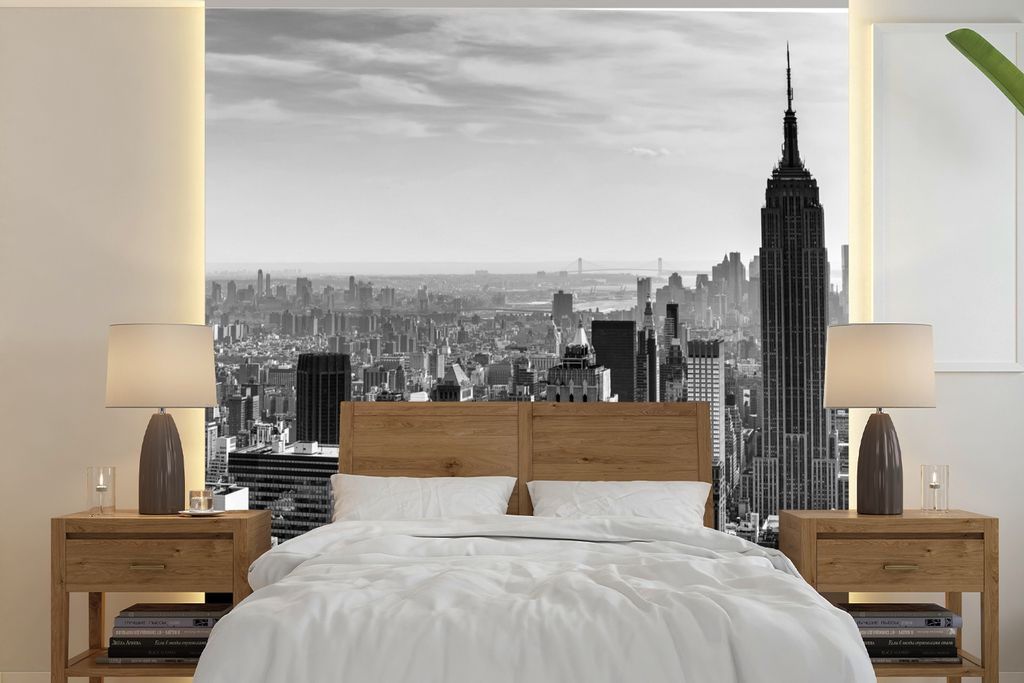 MuchoWow Fototapete für Wohnzimmer oder Schlafzimmer Wandtapete Vinyl Motivtapete New Yorker Skyline - schwarz und weiß - 220x220 cm - Tapeten