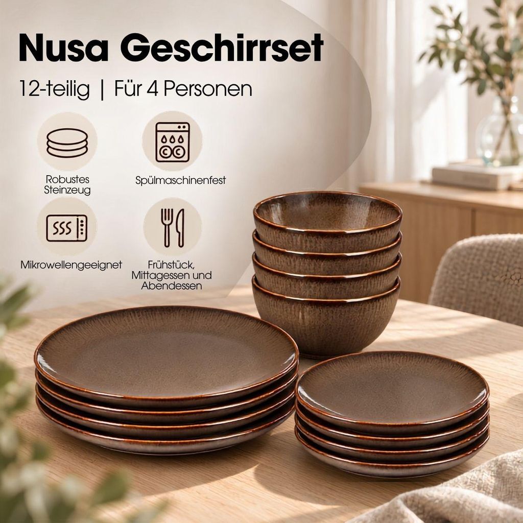 Mica Decorations Nusa Geschirrset Braun 12-teilig - Teller Set mit Subtilem Relief für den Alltag - Schüssel Set aus Steingut