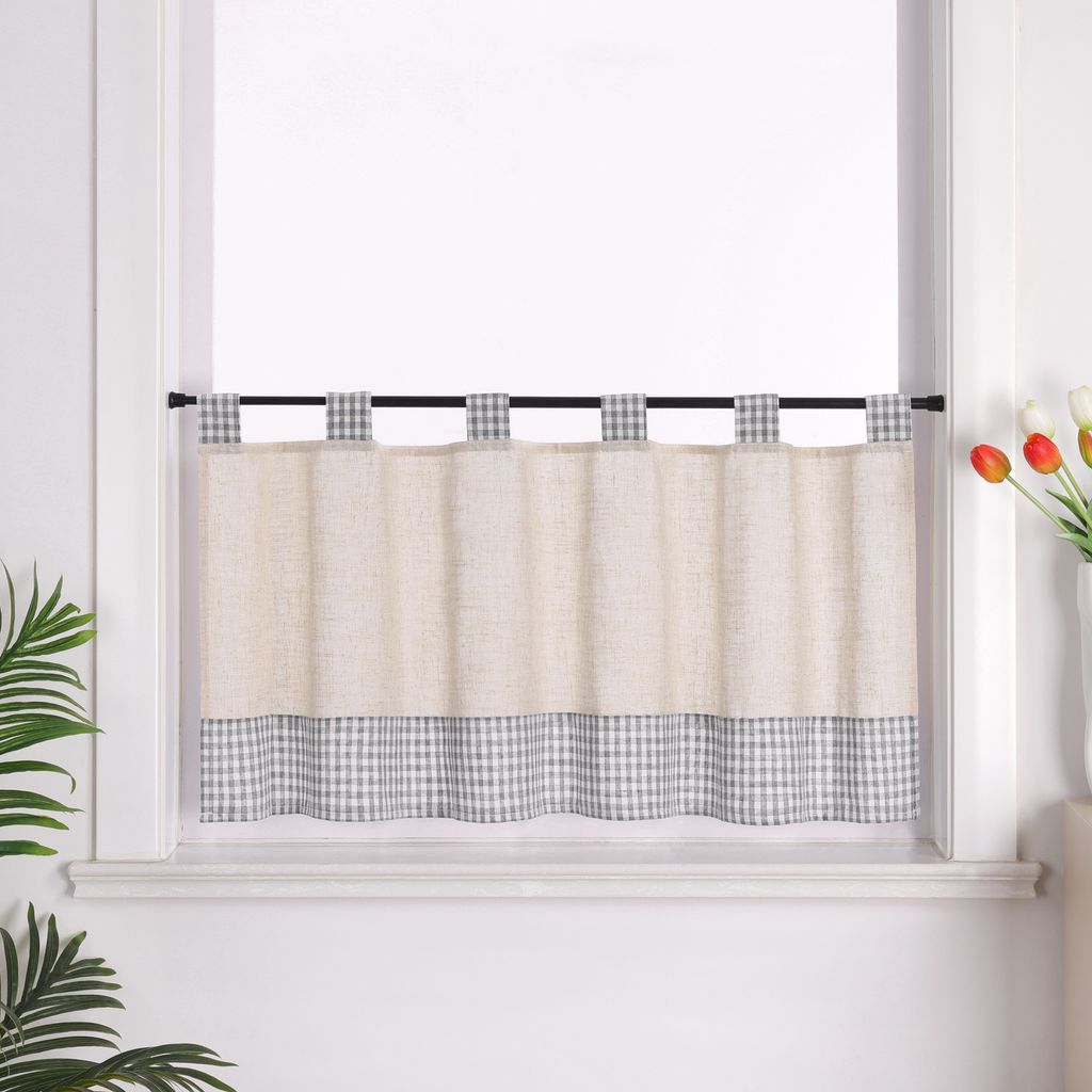Joyswahl Scheibengardine Schlaufen Leinen Bistrogardine karierte Küche Vorhang Halbtransparent Grau HxB 60x90 cm