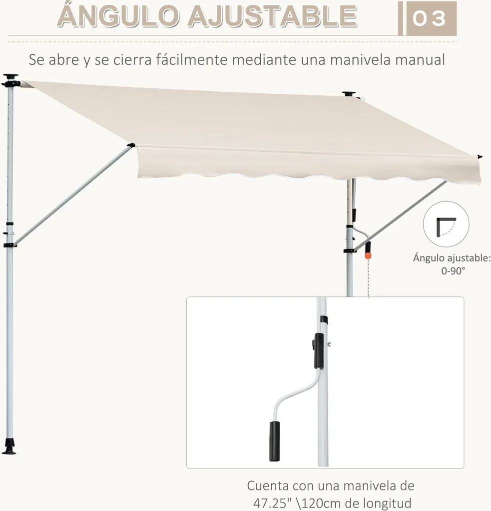 Store télescopique beige 400x120 cm en polycoton avec hauteur ajustable - 6
