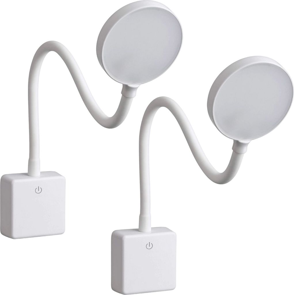 Two white LED plug-in lamps with flexible goosenecks and round light heads are shown against a white background.