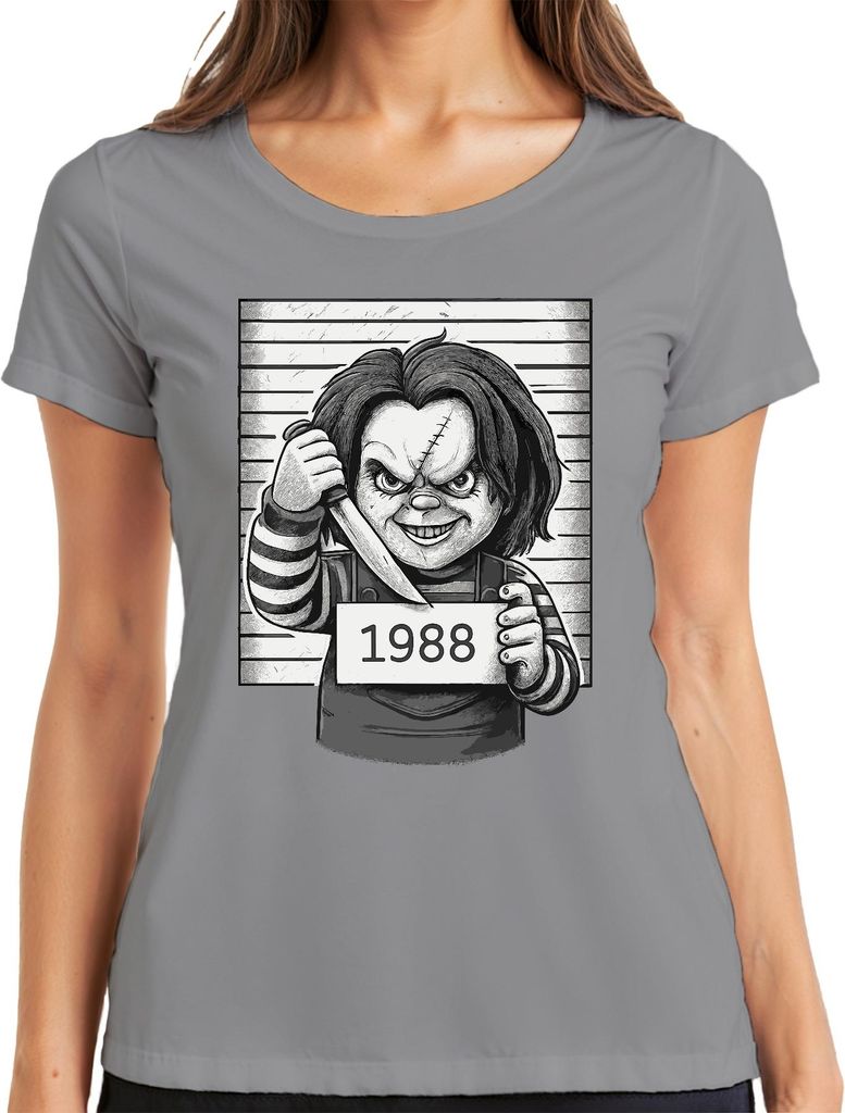 Chucky Mörderpuppe 1988 Horror Polizeifoto Killer Puppe Cult Damen T-Shirt, Grau, XL