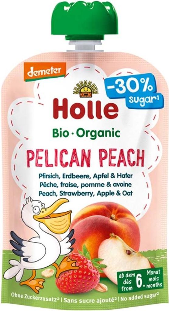 PELIKAN-PFIRSICH-PUREE (PFIRSICH – ERDBEERE – APFEL – HAFER) OHNE ZUCKERZUSATZ GLUTENFREI AB DEM 6. LEBENSMONAT DEMETER 100 g – HOLLE
