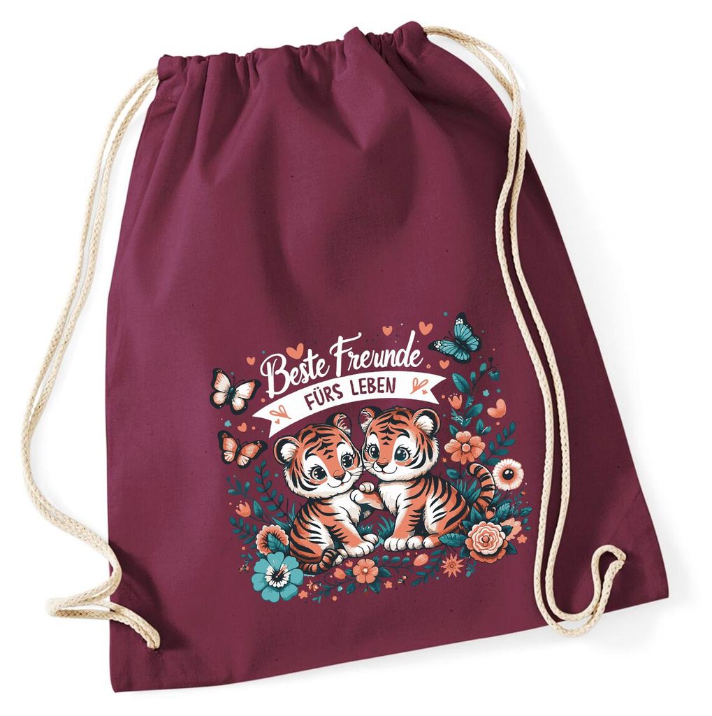 Huuraa Turnbeutel Beste Freunde Tiger 12 Liter Burgundy Baumwolle Rucksack Geschenkidee