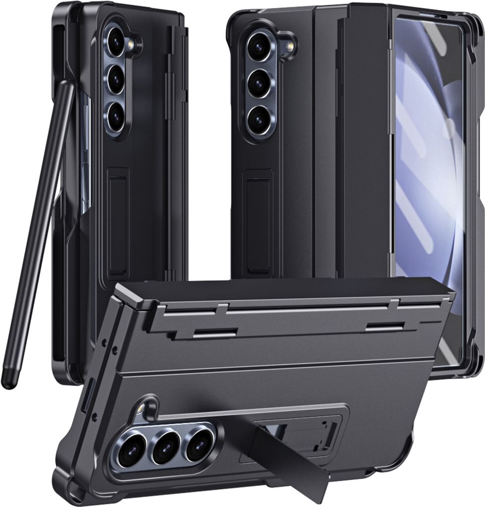 Handyhülle für Samsung Galaxy Z Fold 5 mit Pen, Scharnierschutz Hart Robuste Stoßfest Hülle mit Displayschutzfolie Schwarz