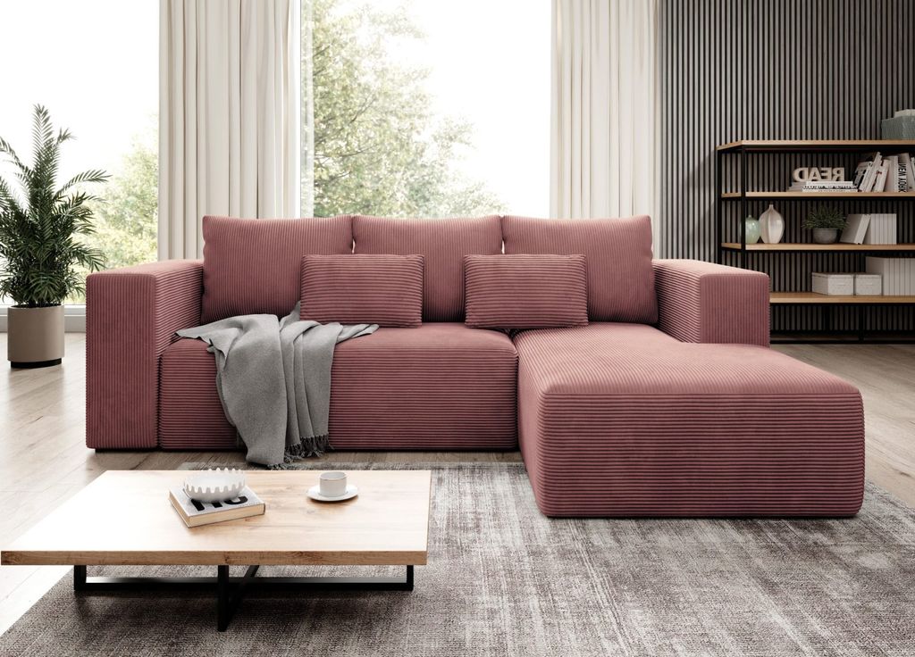 Easy4You Ecksofa Schmutziges Rosa Stripes L-Form in Kord – 255 cm - Schlafsofa mit Bettzeugbehälter und Schlaffunktion - Eckcouch mit Stauraum -...