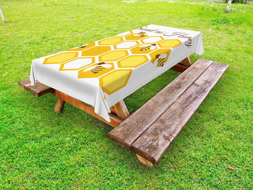 ABAKUHAUS honey Bee Tovaglia da esterno, calligrafia corsiva e grafica a esagoni a forma di alveare, color cioccolato terra giallo, 145x210 cm