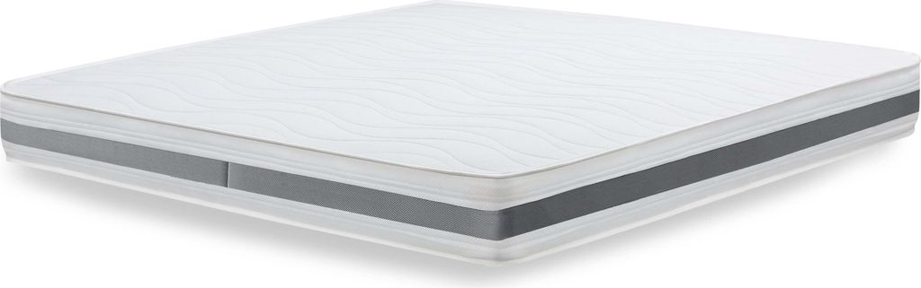 A white mattress with a gray stripe around the side, shown on a white background.