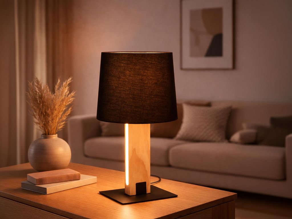 Tischleuchte mit Holz und Stoffschirm, H: 50cm